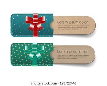 Vintage vector paper cardboard textured banners collection with pockets decorated with silky ribbon bows - turquoise
