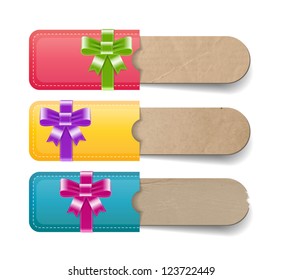 Vintage vector paper cardboard textured banners collection with pockets decorated with silky ribbon bows