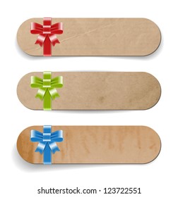 Vintage vector paper cardboard textured banners collection decorated with silky ribbon bows