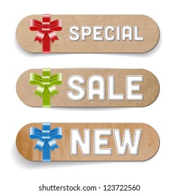 Vintage vector paper cardboard textured banners collection decorated with silky ribbon bows - Special, Sale, New