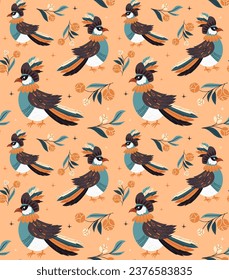 Vintage vector pattern with a bird in a carnival costume. Ideal for textiles, wrapping paper and holiday projects.