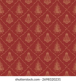 Vintage-Vektormuster eines Weihnachtsbaums mit einem Bogen und einem kristallinen Vintage-Kronleuchter. Neujahrsgoldkiefern auf rotem Hintergrund. Diamantmuster. Retro Weihnachtsmuster. Weihnachtszeit