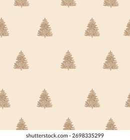 Vintage-Vektormuster des Weihnachtsbaums. Goldene Kiefern zum Neujahr auf beigem Pastellhintergrund. Weihnachts-Retro-Muster. Vintage Christmas. Vektorgrafik