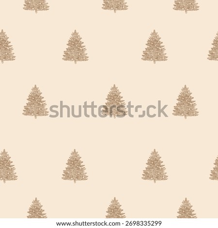 Vintage vector pattern of Christmas tree. New Year golden pines on beige pastel background. Christmas retro pattern. Vintage Christmas. Vector illustration
