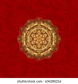 Vintage vector pattern. Decorative ornate round mandala. Invitation, wedding card, scrapbooking. Gold over red. Golden stickers, flash temporary tattoo, mehndi and yoga design, boho, magic symbol.
