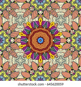Vintage vector pattern. Decorative ornate round mandala. Invitation, wedding card, scrapbooking. Colored over blue. Colored stickers, flash temporary tattoo, mehndi and yoga design, boho, magic symbol