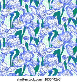 Vintage vector pattern with field of iris flowers hand drawn in thin lines on soft blue background.