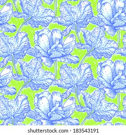 Vintage vector pattern with field of peony flowers hand drawn with thin lines on bright green background.