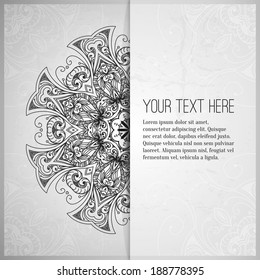 Vintage vector pattern. Hand drawn abstract background. Retro banner. Can be used as book cover, invitation, wedding card. Abstract floral border. Lace pattern. Royal design element. Silver texture.