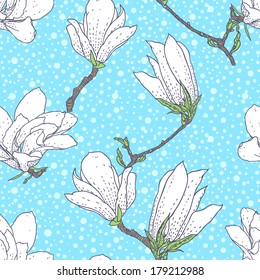 Vintage vector pattern with magnolia flowers on soft blue background. Seamless texture for web, print, wallpaper, textile, fabric, spring summer fashion, wedding invitation card, baby room decor