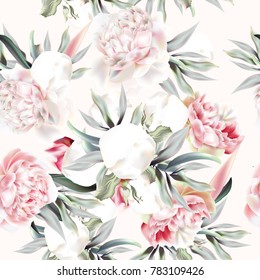 Vintage vector pattern with peach peony, leafs and tropical plants