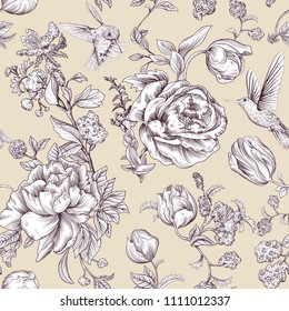 Vintage vector pattern with peonies and roses. Sketch flowers, vintage style. Provence seamless pattern for textile, web, fabric, wrapping paper, cover