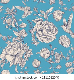 Vintage vector pattern with peonies and roses. Sketch flowers, vintage style. Provence seamless pattern for textile, web, fabric, wrapping paper, cover