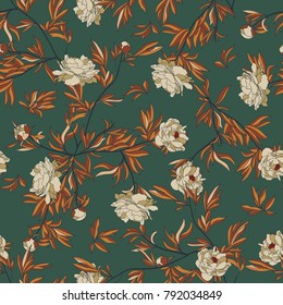 Vintage vector pattern with pink peony, leafs and tropical plants on a dark green background. autumn colors