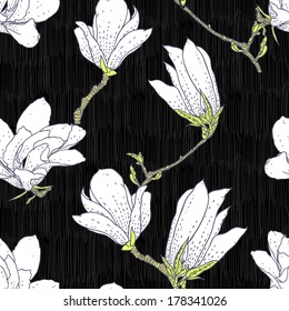 Vintage vector pattern with white magnolia flowers on black background. Seamless texture for web, print, wallpaper, textile, fabric, spring summer fashion, wedding invitation card, home decor