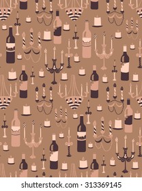Vintage vector pattern with wine bottles and chandeliers