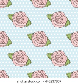 Vintage vector  patterns with climbing roses on blue and white polka dot background. Seamless floral background for textile, cards, web, scrapbooking, baby shower and birthday design