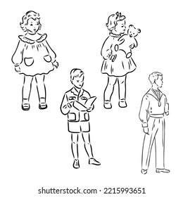 Vintage vector people set. fashion style set. Group of retro woman and man. style, sketch style, engravings with people