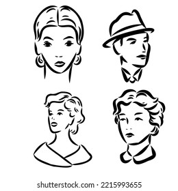 Vintage vector people set. fashion style set. Group of retro woman and man. style, sketch style, engravings with people