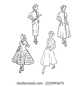 Vintage vector people set. fashion style set. Group of retro woman and man. style, sketch style, engravings with people