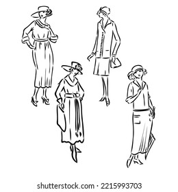 Vintage vector people set. fashion style set. Group of retro woman and man. style, sketch style, engravings with people