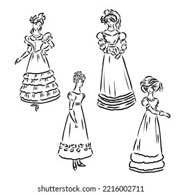 Vintage vector people set. fashion style set. Group of retro woman and man. style, sketch style, engravings with people