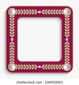 Vintage vector picture frame with jewelry gold border pattern, square jewellery decoration with diamonds, pearl beads and ruby gemstones on white background. Place for text.