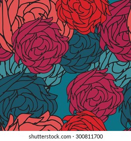 vintage vector pink, orange and blue roses on a blue background, card, wallpaper, seamless pattern