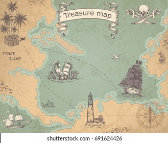 Vintage Vector Pirate Map With Sailing Vessels. Ancient Treasure Map With Ships And Compass.