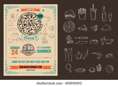 Vintage vector pizza party flyer invitation template design