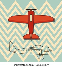 Vintage vector plane and scheme (drawing) on zigzag background