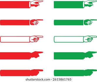 Vintage Vector Pointing Hands Icons Set – Red and Green Retro Hand Direction Symbols for Graphic Design and Labels