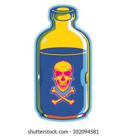 Vintage vector poison bottle with skull label. psychedelic retro pop art style