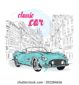 Vintage vector. Postcard with a vintage car.