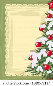 Vintage vector postcard with hand drawn in fir tree for Christmas and Happy New Year. Red star. Place for your text