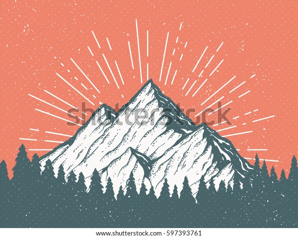 Vintage vector postcard with a mountain and\
woods. Pine forest in front of an icy white peak. Cool tourism card\
or banner design\
template.