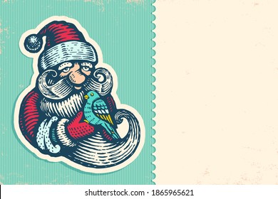 Vintage vector postcard with Santa Claus and bird. Vector vintage card with Santa for Christmas and New year.
