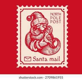 Postal del Vector de Antiguas con Papá Noel y pájaro. Tarjeta vintage de Vector con Santa para Navidades y año Nuevo.