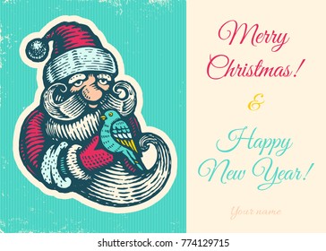 Vintage vector postcard with Santa Claus. Vector vintage card with Santa for Christmas and New year.