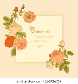 Vintage vector postcard in Victorian style. Frame imitating paper surrounded by coral roses on a beige background.