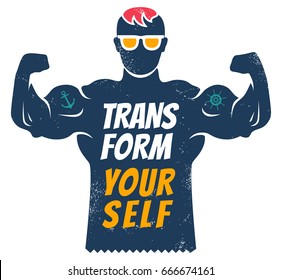 Vintage Vector Poster With Bodybuilder For Fitness Motivation. Transform Yourself.