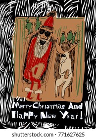 vintage vector poster of cool Santa with hand drawn Santa, houses, reindeer, stovepipe and text. great illustration for Christmas party invitation card, open card, textile and other prints