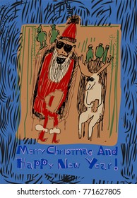 vintage vector poster of cool Santa with hand drawn Santa, houses, reindeer, stovepipe and text. great illustration for Christmas party invitation card, open card, textile and other prints