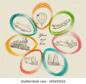 Vintage vector poster with different vehicles. Vector illustration EPS10