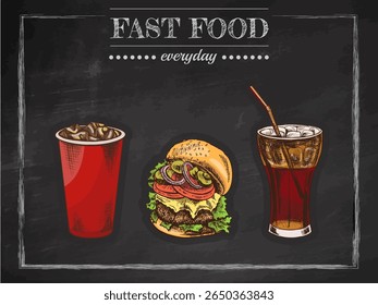 Cartaz vetor vintage com hambúrguer desenhado à mão, refrigerante efervescente e doce de leite em xícaras vermelhas. Conceito de fast food com letras no fundo do quadro. Ideal para café, menu ou folheto.