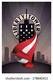 Vintage vector poster illustration of a skyscraper cityscape with editable text