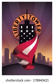 Vintage vector poster illustration of a skyscraper cityscape with editable text