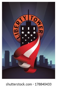 Vintage vector poster illustration of a skyscraper cityscape with editable text