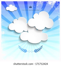 Vintage vector poster in retro style. Watercolor sky background with sunrays. Paper clouds. Can be used as an information bubble.  Place for your text.