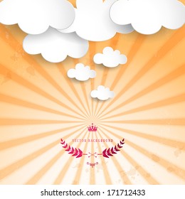 Vintage vector poster in retro style. Old background with sunrays. Paper clouds. Can be used as an information bubble.  Place for your text.